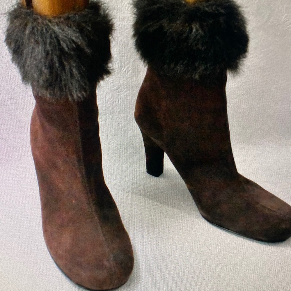 San & Libby Brown Swede Booties with Faux Black Fur Trim